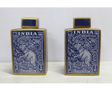 GINGER JARS, a pair, ceramic, with vintage style Indian postage print, 32cm H approx. (2) 
