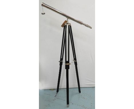 TELESCOPE ON STAND, chrome plated on ebonised tripod stand, 194cm at tallest approx. 
