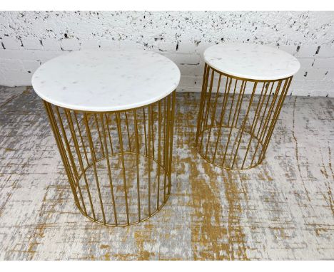 LAMP TABLES, a graduated pair, 1970's Italian design, circular marble tops on a gilt metal base, largest 51cm H x 42cm x 42cm