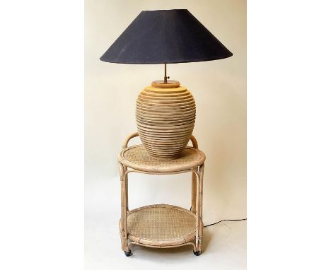 TIMOTHY OULTON TABLE LAMP, hardwood beehive form and large black linen coolie shade on a bamboo cane bound and panelled round