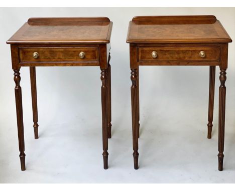 LAMP/SIDE TABLES, a pair, Regency style burr walnut and crossbanded each with frieze drawer and reeded tapering supports, 55c