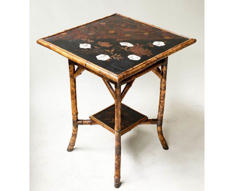 LAMP TABLE, 19th century Japanese export square black lacquer and blossom painted of two tiers with bamboo frame, 57cm x 57cm