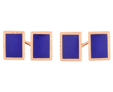 A pair of rectangular blue guilloché enamel cufflinks with a decorative border in yellow metal tested as 18ct gold, each rect