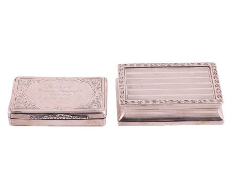 A George IV silver presentation table snuff box and another; the rounded rectangular box possibly by John Linnit, London 1824