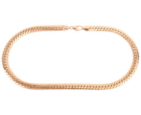 A flat snake link necklace, completed with a lobster clasp, yellow metal struck with Italian assay marks '750', overall lengt