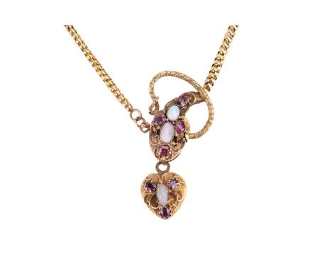 A Victorian gem-set serpent necklace, circa 1860, the head is set with opals and rhodolite garnets and featuring scrolling de