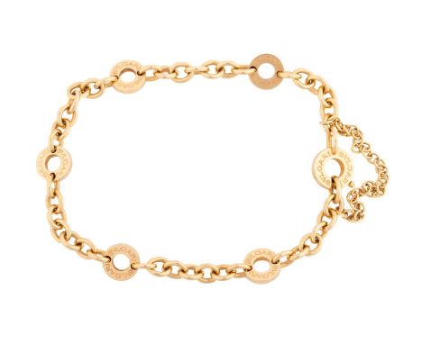 Bulgari - a charm link bracelet, consisting of a cable link spaced with five Bvlgari logo annular intervals, finished with a 