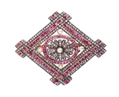 A ruby, diamond and pearl brooch cum pendant, of rhombus shape, constructed with a daisy flowerhead element centred with a ro