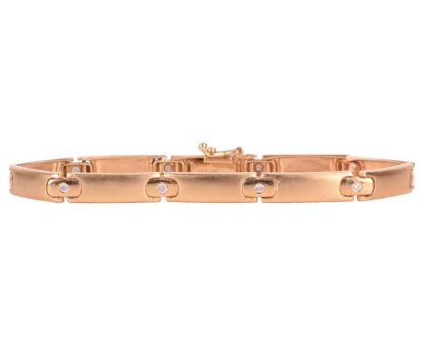 A diamond-set line bracelet in satin finish, comprising hinged bars flanking ten diamond embellished spacers in between, fini