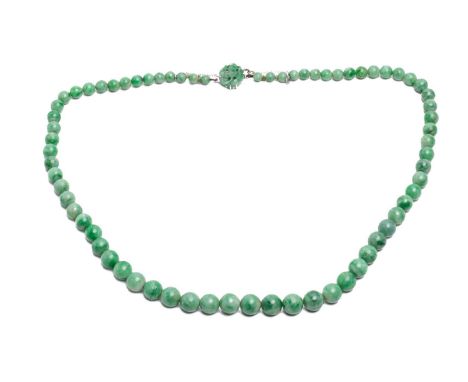 A graduated jadeite bead necklace, of opaque greyish-green ground showing chrome green patches, graduated from 8.7 mm to 4.3 