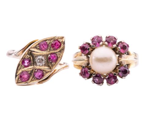 Two gem-set dress rings; including a marquise-shaped ring bead-set with one old cut diamond and six rubies to a twist shank i