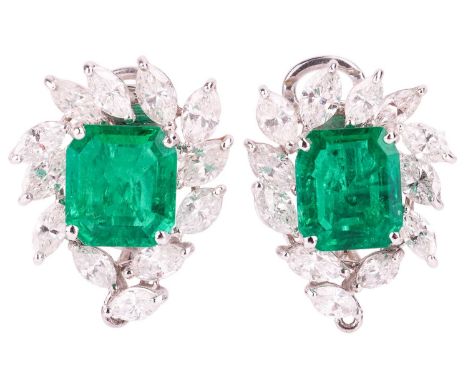 Illario - a pair of emerald and diamond cluster clip-on earrings, each featuring a rectangular canted-cornered emerald of int