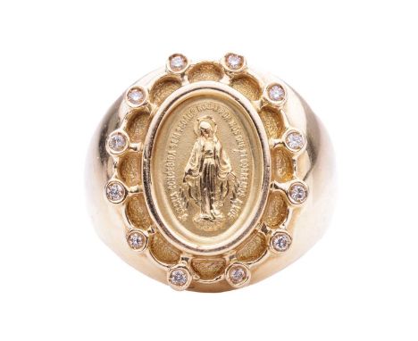A Catholic signet ring set with the Miraculous Mary medal, in a textured surround bordered with twelve brilliant-cut diamond 