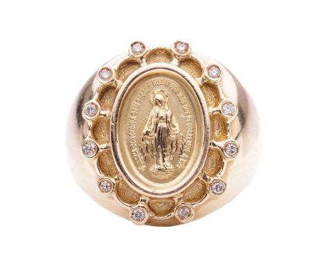 A Catholic signet ring set with the Miraculous Mary medal, in a textured surround bordered with twelve brilliant-cut diamond 