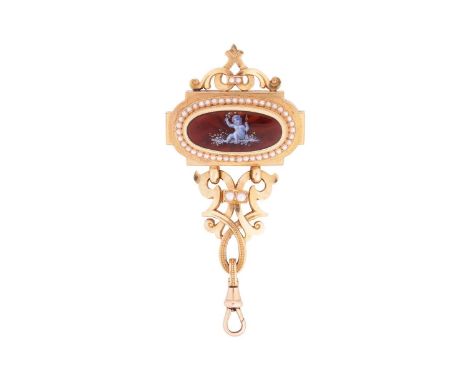 A Late Victorian enamel and seed pearl watch fob, featuring a brown oval guilloché enamel panel, painted with a putti holding