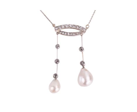 A natural saltwater pearl and diamond négligée necklace, comprising a rose-cut diamond loop motif, swinging old-cut diamond a