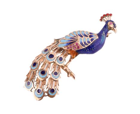 A peacock enamel brooch, realistically sculpted of a peacock perching on a branch, embellished with polychromatic enamel and 