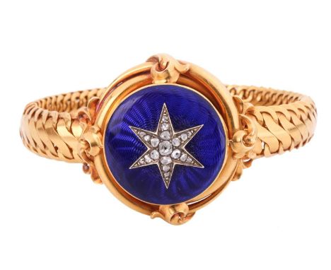 A Victorian enamel and diamond locket bracelet, circa 1860s, the cover of the round locket has an applied six-ray star motif 