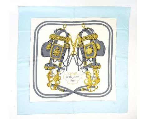 Hermes silk scarf by Hugo Grygkar, Brides de Gala, first issued in 1957, in grey , gold and pale blue, in original boxConditi