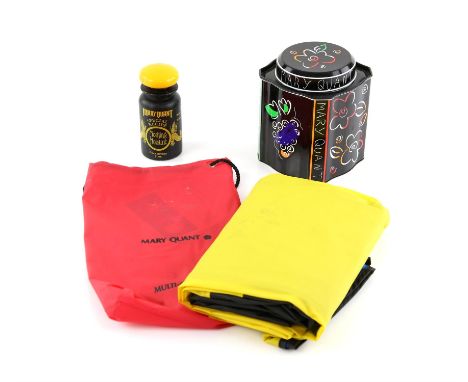 Mary Quant vintage Rain Cape in yellow, blue, black , green and red in red pouch,  Mary Quant vintage container for moisturis