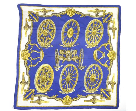 Hermes silk scarf Roues  Canon by Caty Latham, first issued in 1967 with 18th century gilded carriage and chariot wheels and 
