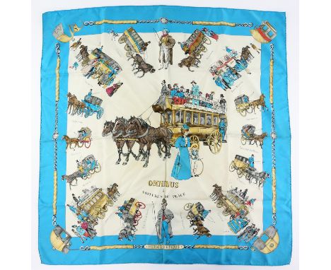 Hermes Scarf Omnibus Voitures de Place by LeDoux white back ground turquoise border 86cm x 89cm Condition Report:  Signs of w