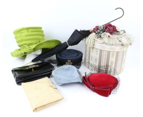 Collection of ladies vintage accessories comprising fancy vintage hat box, 3 hats, WRAF cap, 1 handbag, collection of hankies