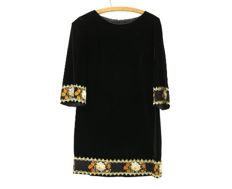 1970s Jean Varon black chiffon  floaty A line dress with appliqued panels in shape of a cape at the back and bell shaped slee