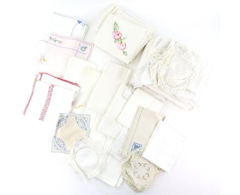 Quantity of vintage embroidered and crochet table linen and Broderie Anglaise Christening Gown