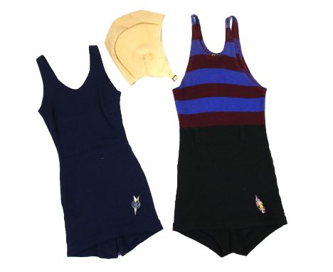 A ladies woollen navy swimsuit 'FORMA' 1930's, a vintage simulated leather swim cap 1920's-30's and a mans 1930's woollen swi