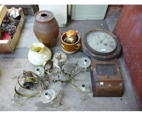 A ceiling light, chandelier, clock, stoneware jug, etc.