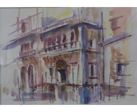 Tony Broderick, Venetian scene, watercolour, Claire Flint, multi-media study and David Pinkett, Heart of Gold, mixed media st