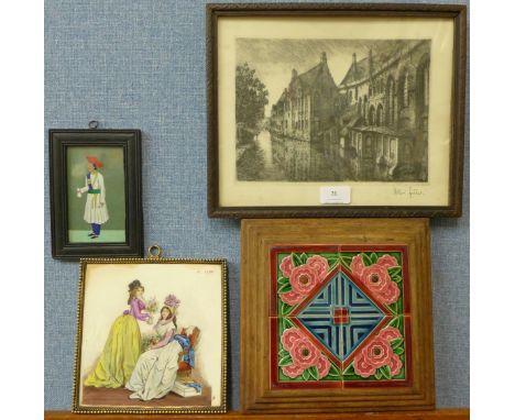Indian School, miniature portrait of a gentleman, gouache, 12 x 7cms, an etching of Bruges and two tiles