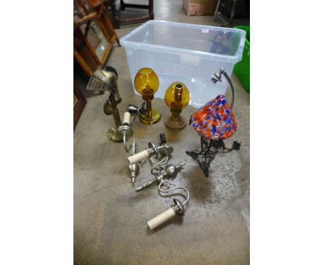 Lighting; a pair of wall lights, a chrome bedside lamp with clock, two table lamps, one with knight's helmet and sword and tw