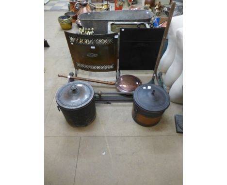 A brass fender, two fire screens, two coal boxes, etc.