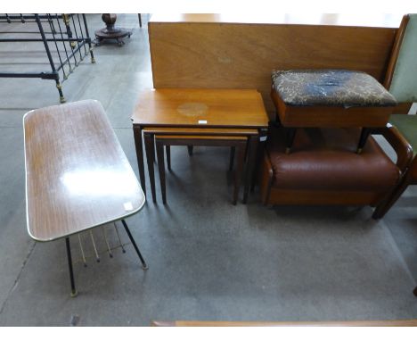 A teak nest of tables, sewing box, a pouffe and two chairs
