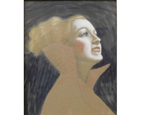 French School, Art Deco portrait of a lady, watercolour, 26 x 20cms, framed