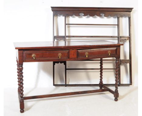 A 19th century oak writing table / desk / console table and wall hanging plate rack / shelves. The desk having twin drawers o