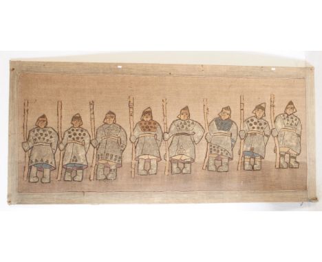 A vintage 20th century circa 1920s Anglo French medieval tapestry canvas wall hanging. Rectangular form, eight figures with m
