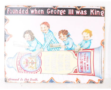 A reproduction faux enamel hand painted Royal Vinolia toothpaste advertising board picture. The sign featuring four young chi