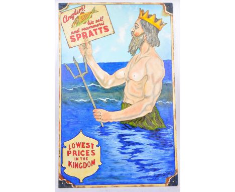 A reproduction faux enamel hand painted angling / sprats advertising board picture. The sign featuring a depiction of a merma