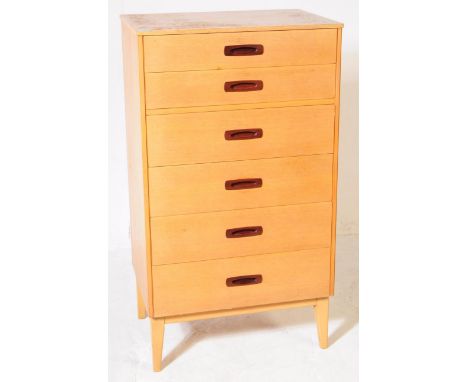 Limelight Furniture - A retro 20th century light oak tall boy chest of drawers. Rectangular form with a bank of six graduatin