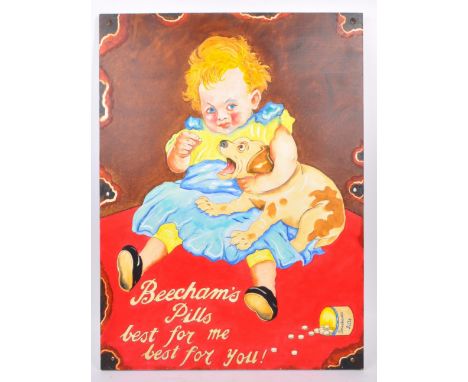 A reproduction faux enamel hand painted Beechams pills advertising board picture. The sign featuring a young child holding a 