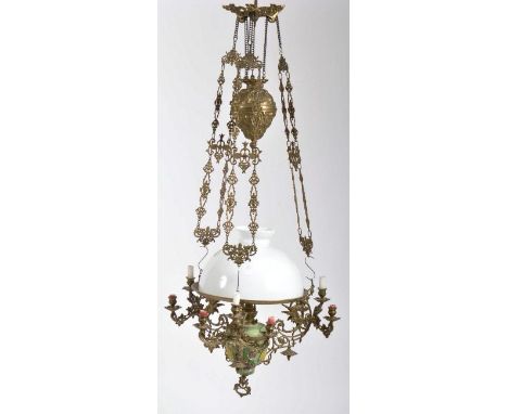A large late 19th century Art Nouveau French brass hanging chandelier / candelabra having a series of ormolu arms cast in the