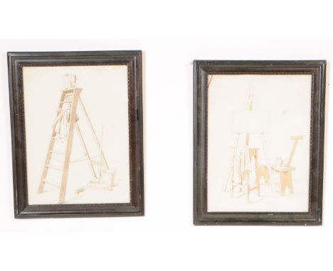 Two vintage 20th century still life drawings. Framed and glazed. Depicting an easel with canvas with accompanying stool. The 