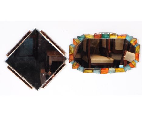 A 1930s&nbsp; Art Deco Peach glass and diamond shaped wall mirror. Together with another 1930's wall mirror having enamel pai