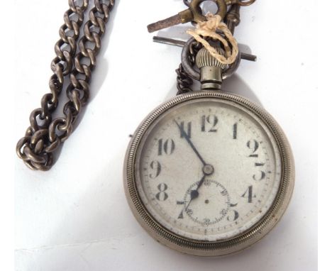 Gents first quarter of 20th century button wind pocket watch with gun metal case, blued steel hands to a white enamel dial wi