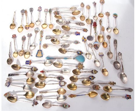 Large collection of various sterling silver and white metal collectors spoons, many with enamel detail, total weight approx 8