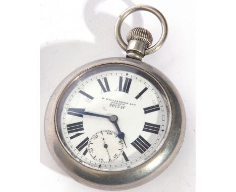 First quarter of the 20th century nickel cased pocket watch with button wind, having blued steel hands to a white enamel dial