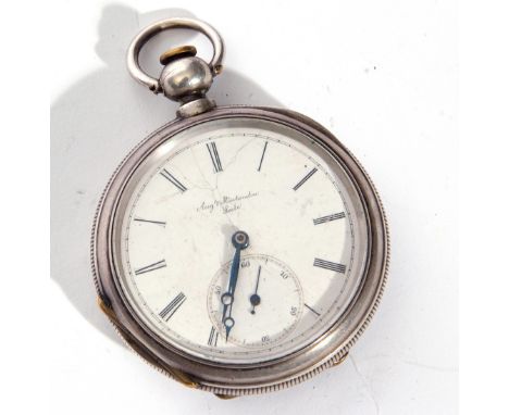 Last quarter of 19th century gents Swiss white metal cased pocket watch by Auguste Montandon of Locle, Switzerland, having bl